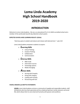Loma Linda Academy High School Handbook 2019-2020