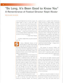 "So Long, It's Been Good to Know You" a Remembrance of Festival Director Ralph Rinzler