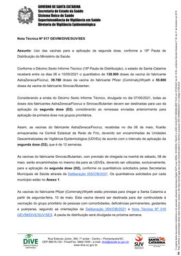 Uso Das Vacinas Para a Aplicação Da Segunda Dose, Conforme a 18ª Pauta De Distribuição Do Ministério Da Saúde