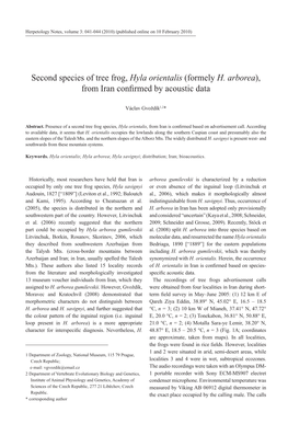 Second Species of Tree Frog, Hyla Orientalis (Formely H. Arborea), from Iran Confirmed by Acoustic Data