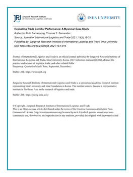 Evaluating Trade Corridor Performance: a Myanmar Case Study Author(S): Ruth Banomyong, Thomas E