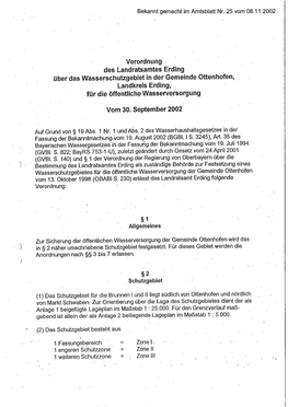 Verordnung Des Landratsamtes Erding Über Das Wasserschutzgebiet in Der Gemeinde Ottenhofen, Landkreis Erding, Für Die Öffentliche Wasserversorgung