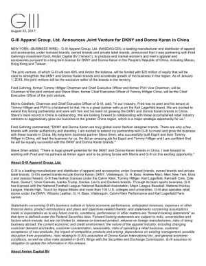 G-III Apparel Group, Ltd. Announces Joint Venture for DKNY and Donna Karan in China