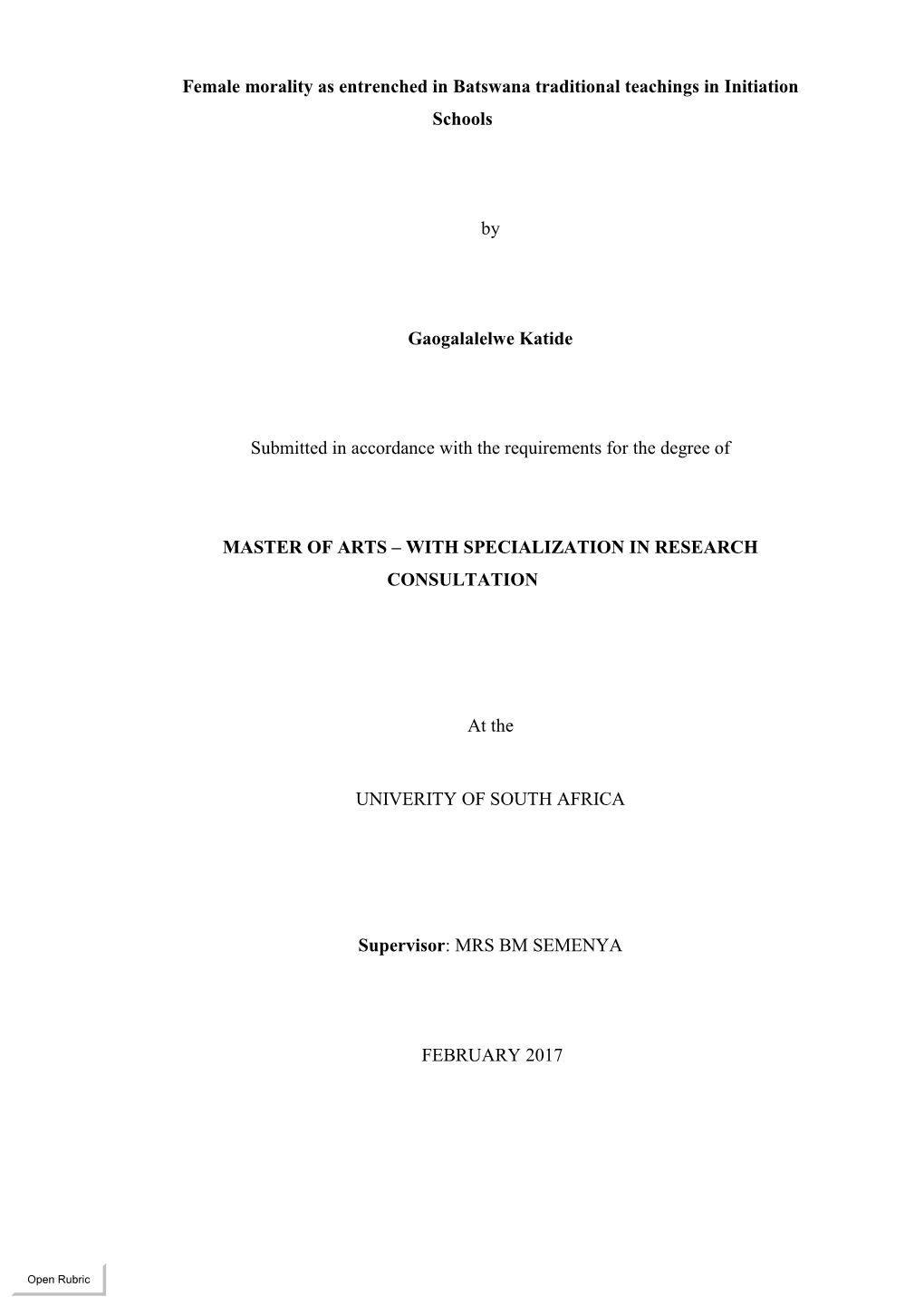 Female Morality As Entrenched in Batswana Traditional Teachings in Initiation Schools