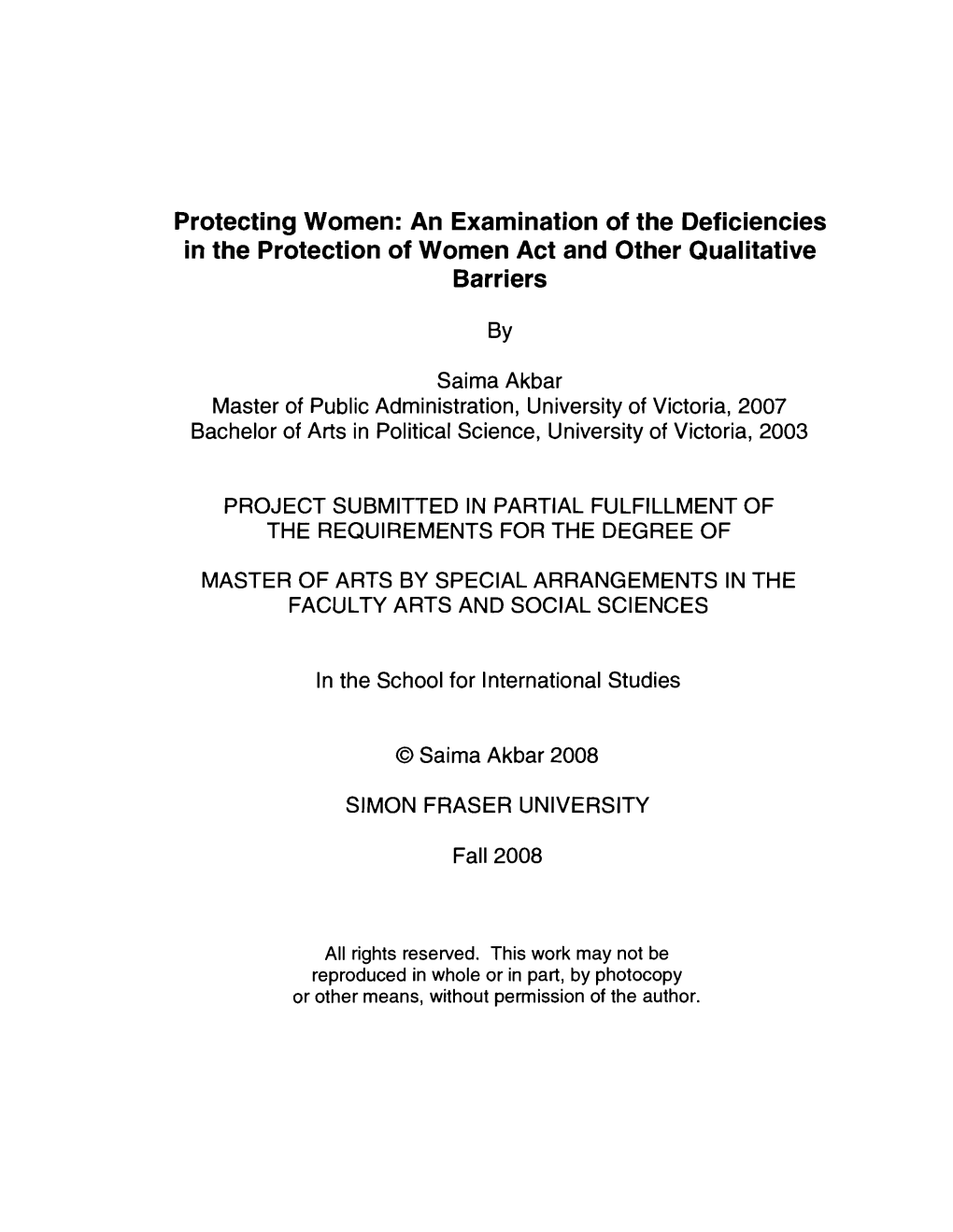 Protecting Women: an Examination of the Deficiencies in the Protection of Women Act and Other Qualitative Barriers