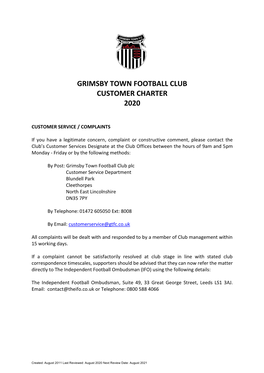 Grimsby Town Football Club Customer Charter 2020