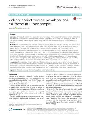 Violence Against Women: Prevalence and Risk Factors in Turkish Sample Selma Sen* and Nursen Bolsoy
