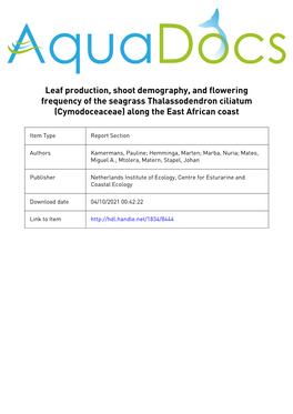 Of the Seagrass Thalassodendron Ciliatum (Cymodoceaceae) Along the East African Coast