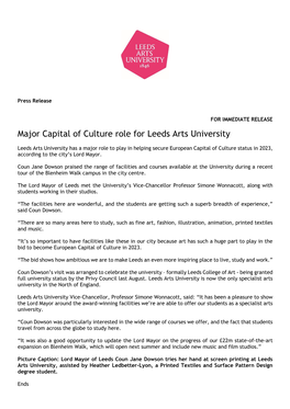 Major Capital of Culture Role for Leeds Arts University