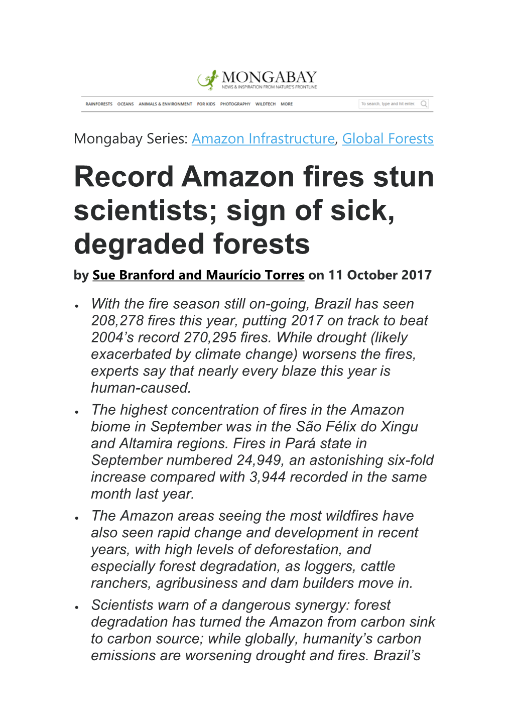 Record Amazon Fires Stun Scientists; Sign of Sick, Degraded Forests by Sue Branford and Maurício Torres on 11 October 2017