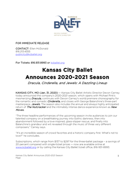Kansas City Ballet Announces 2020-2021 Season Dracula, Cinderella, and Jewels: a Dazzling Lineup