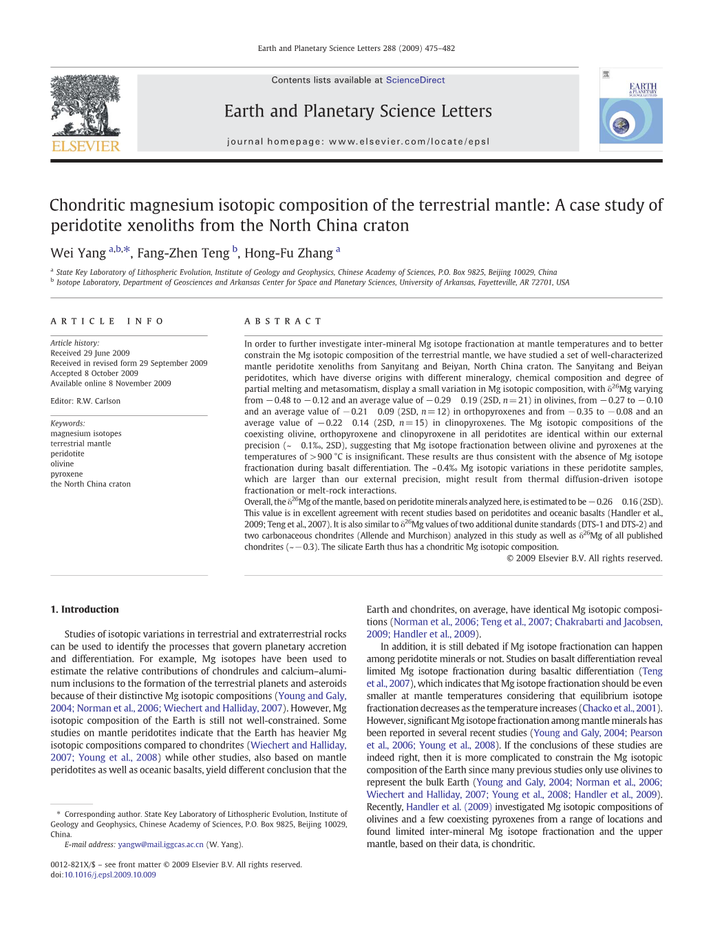 Chondritic Magnesium Isotopic Composition of the Terrestrial Mantle: a Case Study of Peridotite Xenoliths from the North China Craton