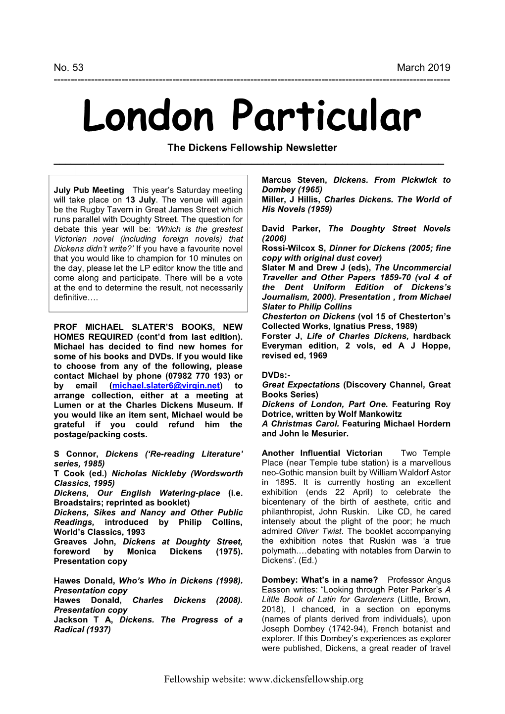 March 2019 ------London Particular the Dickens Fellowship Newsletter ______