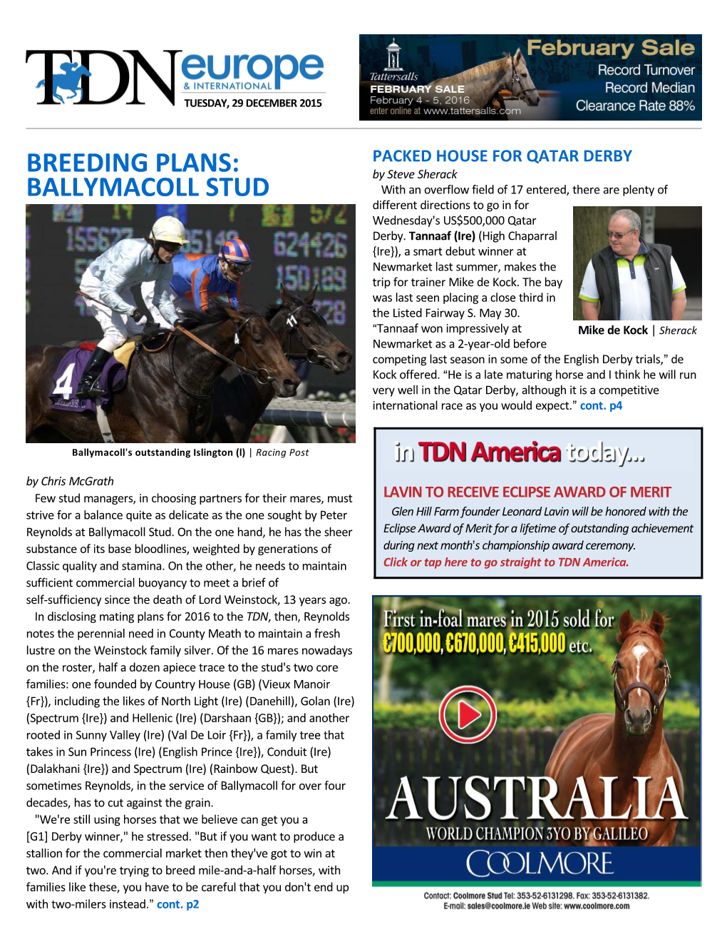 BALLYMACOLL STUD with an Overflow Field of 17 Entered, There Are Plenty of Different Directions to Go in for Wednesday=S US$500,000 Qatar Derby