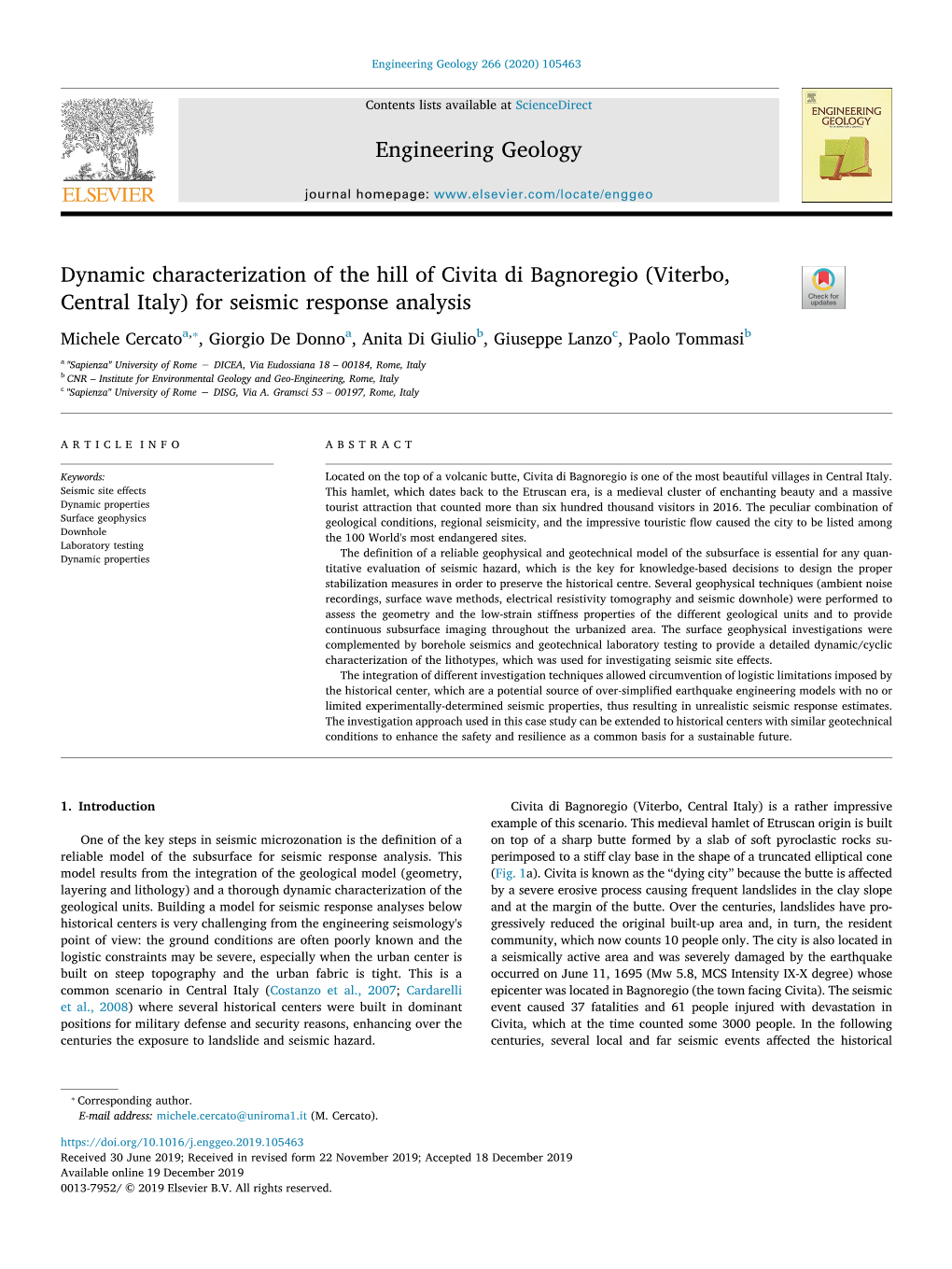 Dynamic Characterization of the Hill of Civita Di Bagnoregio (Viterbo