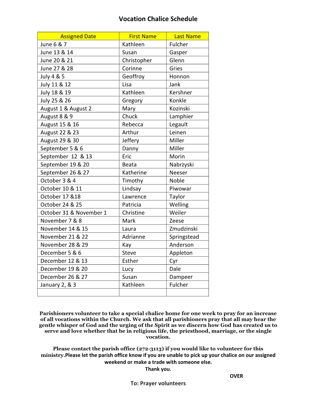 Vocation Chalice Schedule