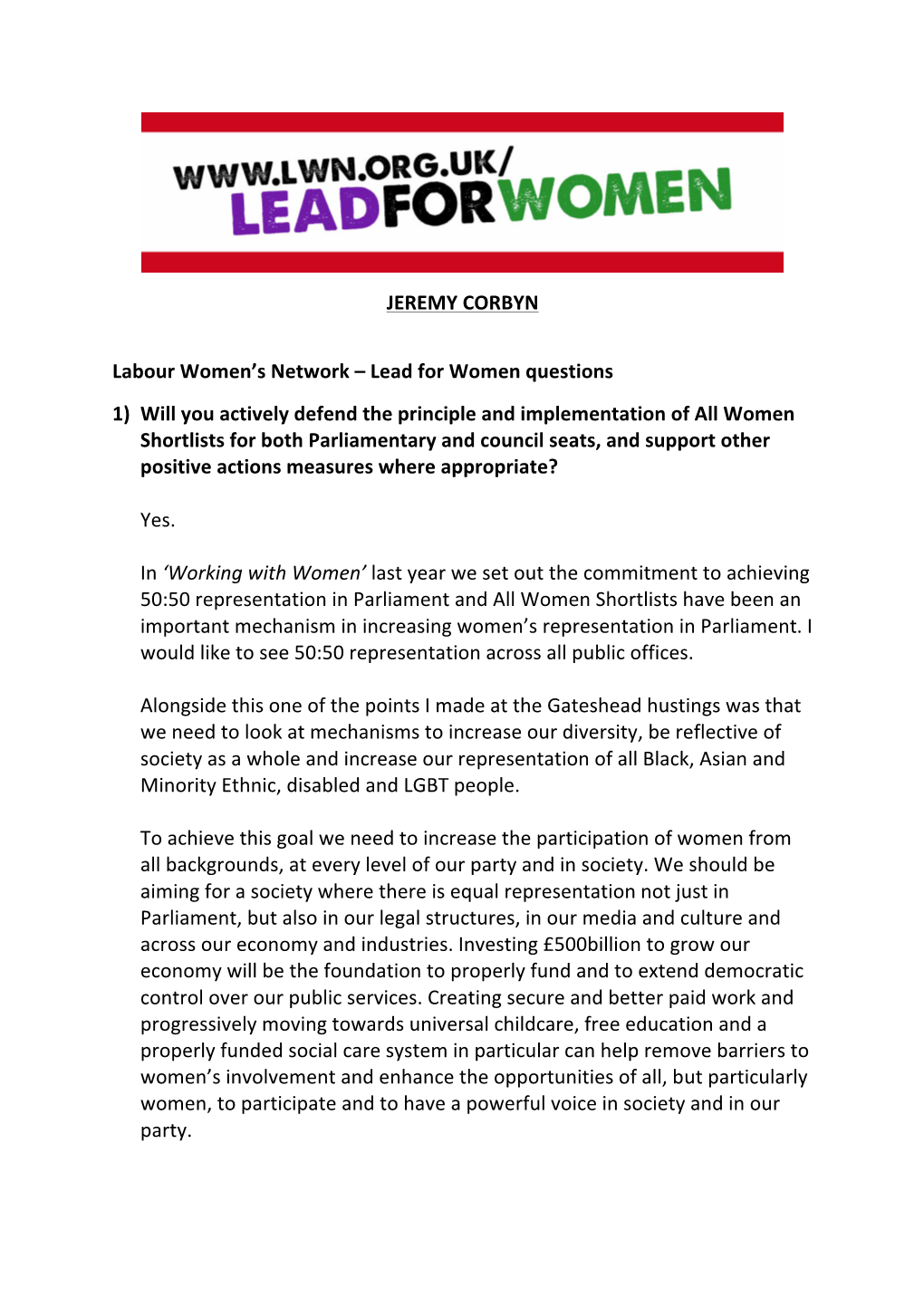 JEREMY CORBYN Labour Women's Network