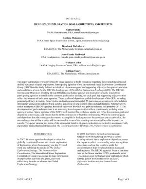 IAC-11-A5.4.2 Page 1 of 8 IAC-11-A5.4.2 ISECG SPACE EXPLORATION GOALS, OBJECTIVES, and BENEFITS Nantel Suzuki NASA Headquarters