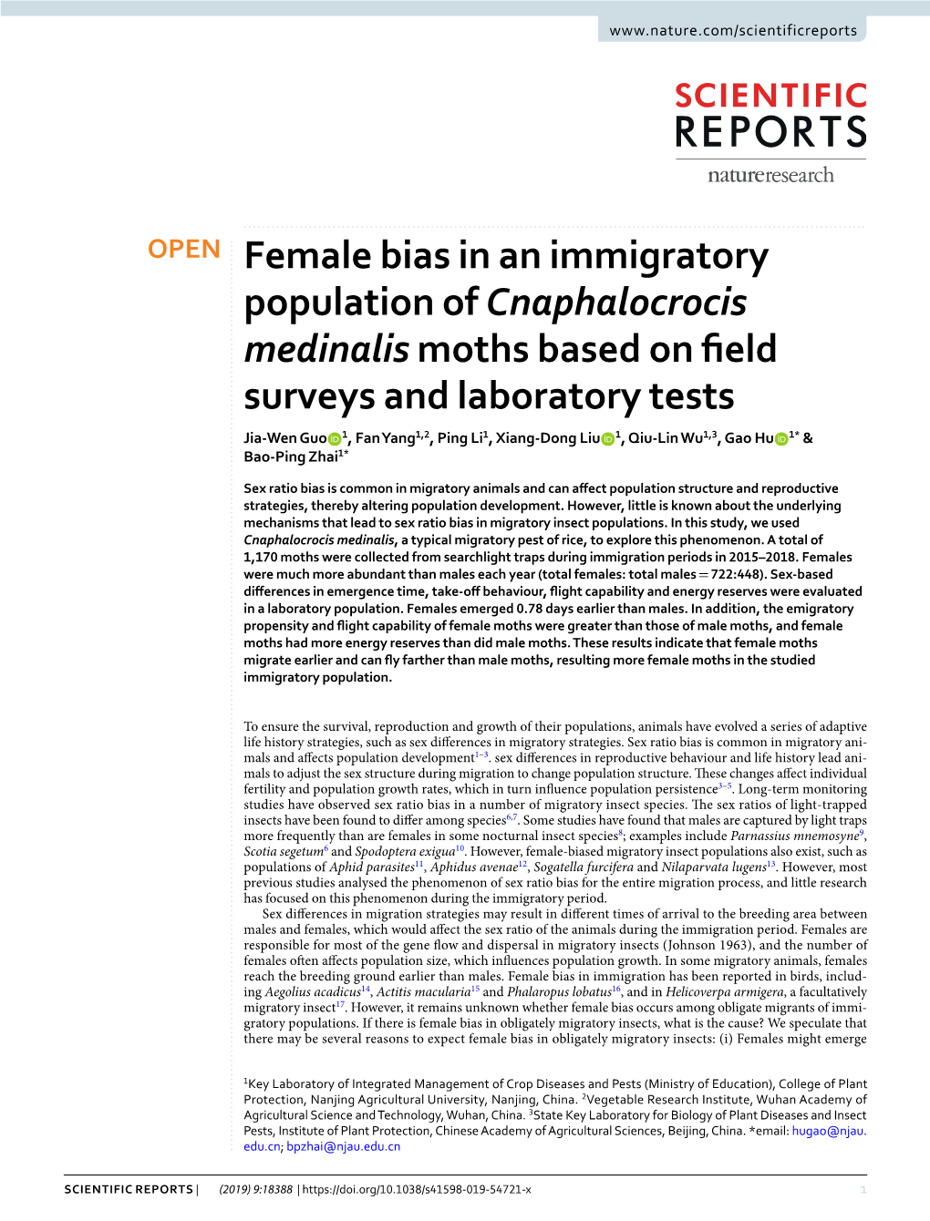 Female Bias in an Immigratory Population of Cnaphalocrocis