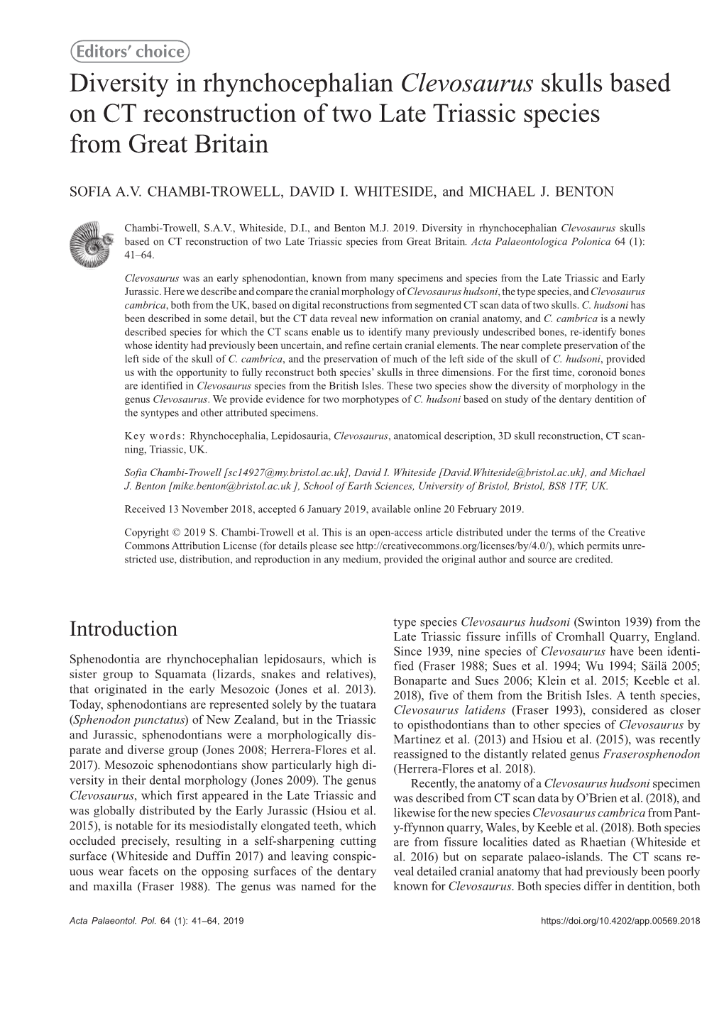 Diversity in Rhynchocephalian Clevosaurus Skulls Based on CT Reconstruction of Two Late Triassic Species from Great Britain