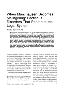 When Munchausen Becomes Malingering: Factitious Disorders That Penetrate the Legal System
