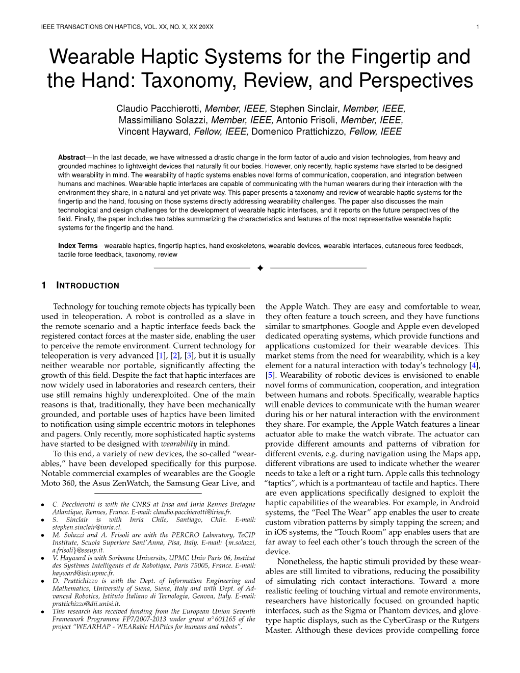 Wearable Haptic Systems for the Fingertip and the Hand: Taxonomy, Review, and Perspectives