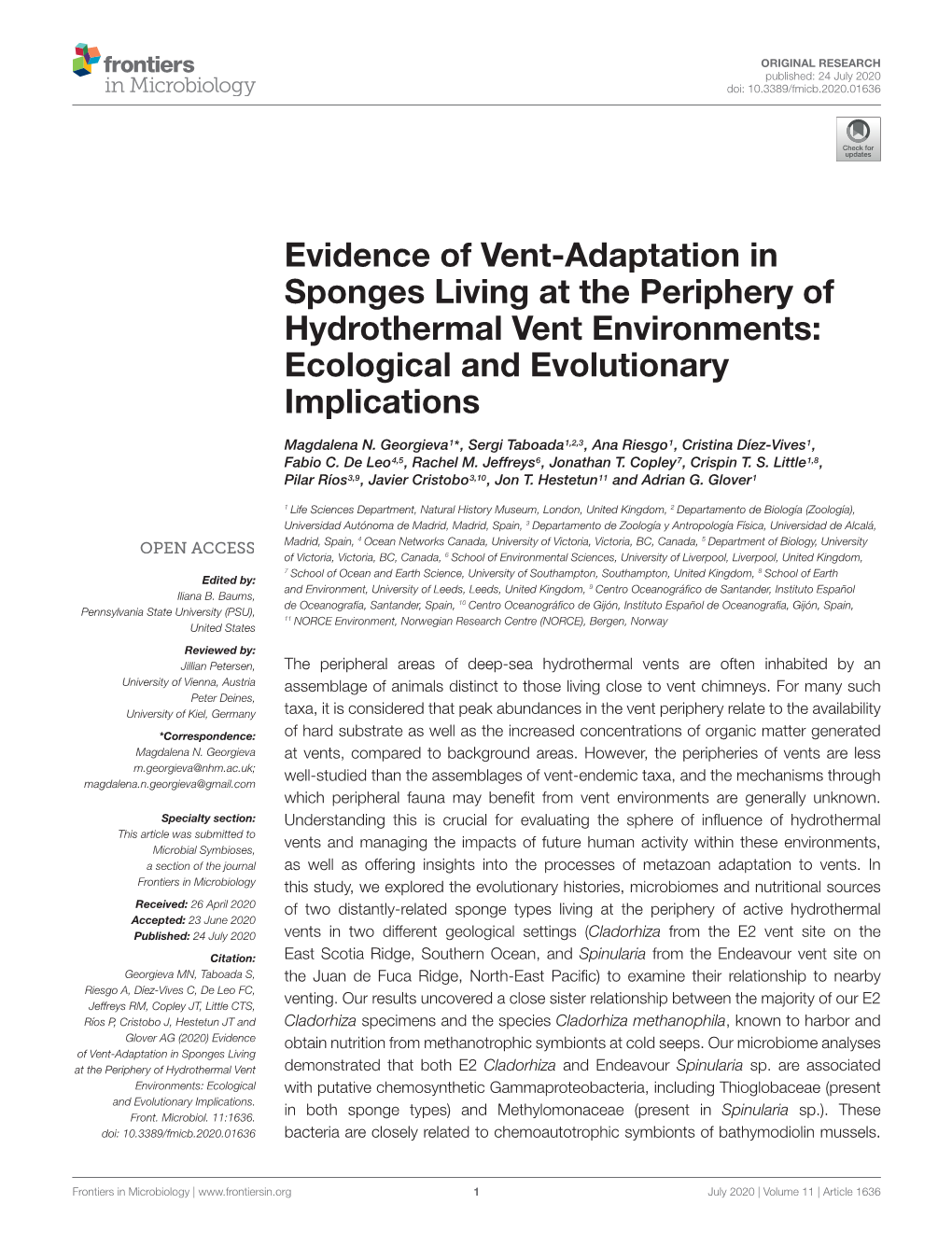 Evidence of Vent-Adaptation in Sponges Living at the Periphery of Hydrothermal Vent Environments: Ecological and Evolutionary Implications