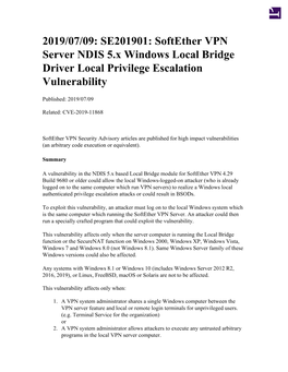 Softether VPN Server NDIS 5.X Windows Local Bridge Driver Local Privilege Escalation Vulnerability