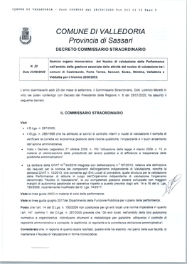 COMUNE DI VALLEDORIA Provincia Di Sassari DECRETO COMMISSARIO STRAORDINARIO