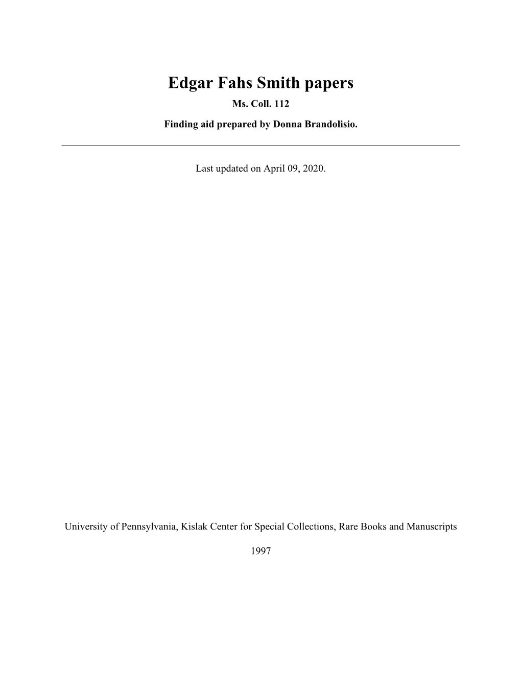 Edgar Fahs Smith Papers Ms
