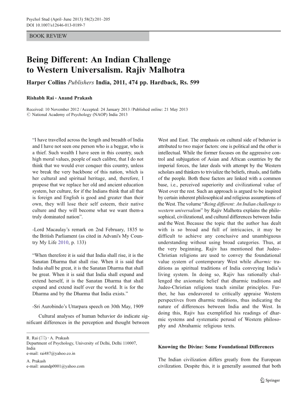 Being Different: an Indian Challenge to Western Universalism