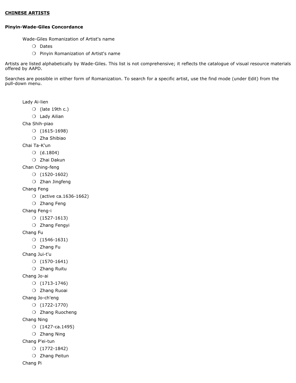 CHINESE ARTISTS Pinyin-Wade-Giles Concordance Wade-Giles Romanization of Artist's Name Dates R Pinyin Romanization of Artist's