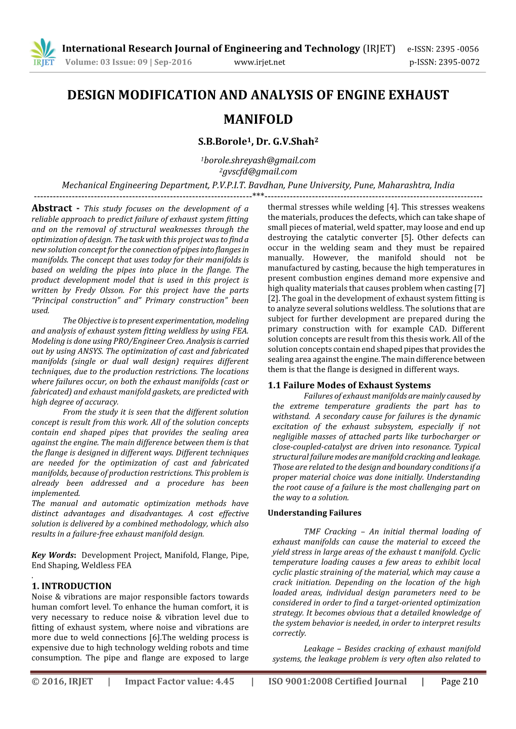 DESIGN MODIFICATION and ANALYSIS of ENGINE EXHAUST MANIFOLD S.B.Borole1, Dr