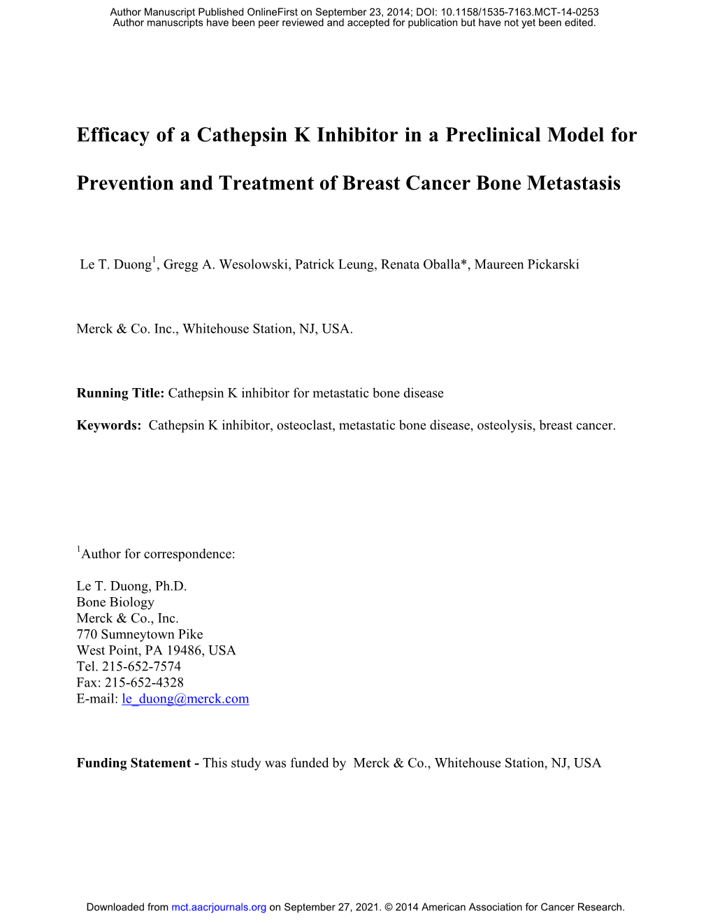 Efficacy of a Cathepsin K Inhibitor in a Preclinical Model for Prevention and Treatment of Breast Cancer Bone Metastasis