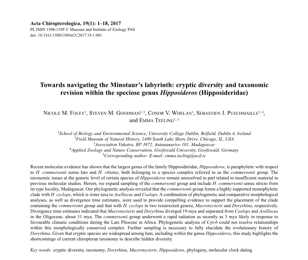 Cryptic Diversity and Taxonomic Revision Within the Speciose Genus Hipposideros (Hipposideridae)