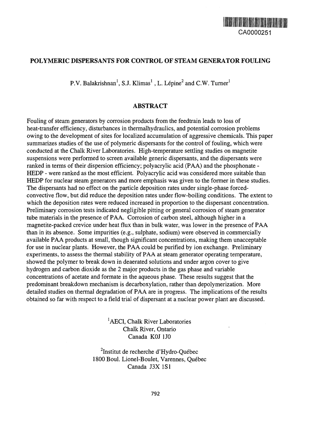 Polymeric Dispersants for Control of Steam Generator Fouling