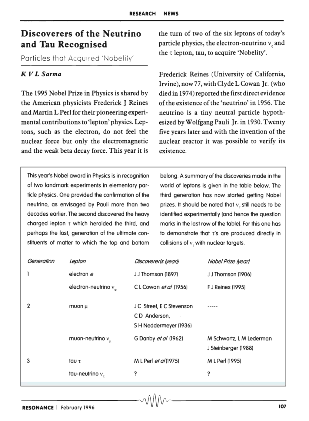 Discoverers of the Neutrino and Tau Recognised