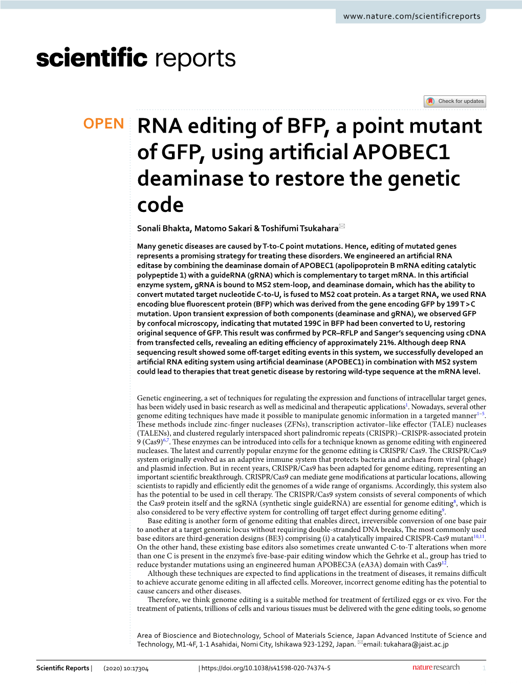 RNA Editing of BFP, a Point Mutant of GFP, Using Artificial APOBEC1