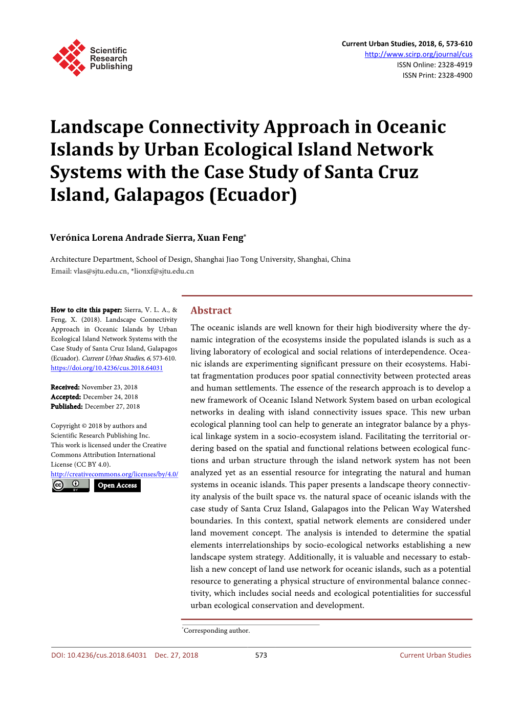 Landscape Connectivity Approach in Oceanic Islands by Urban Ecological Island Network Systems with the Case Study of Santa Cruz Island, Galapagos (Ecuador)