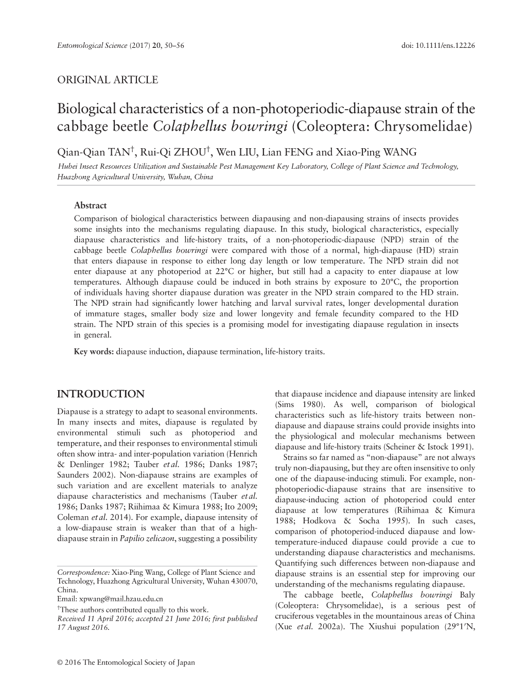 Biological Characteristics of a Non-Photoperiodic-Diapause Strain of the Cabbage Beetle Colaphellus Bowringi (Coleoptera: Chrysomelidae)