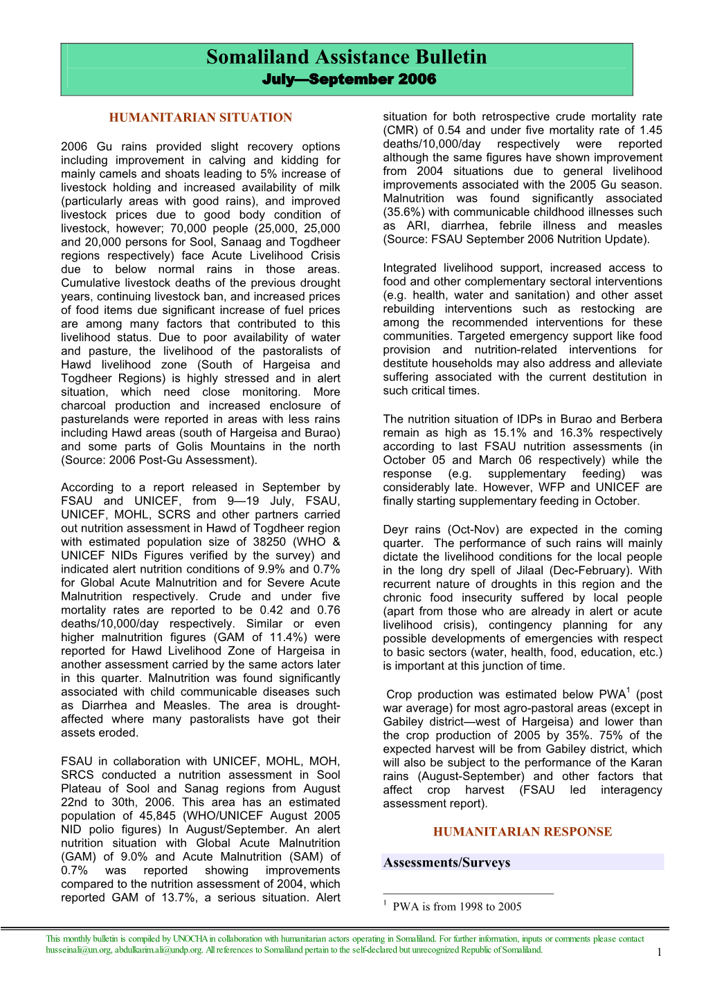 Somaliland Assistance Bulletin July—September 2006