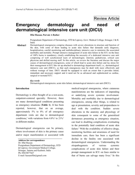 Emergency Dermatology and Need of Dermatological Intensive Care Unit (DICU) Iffat Hassan, Parvaiz a Rather