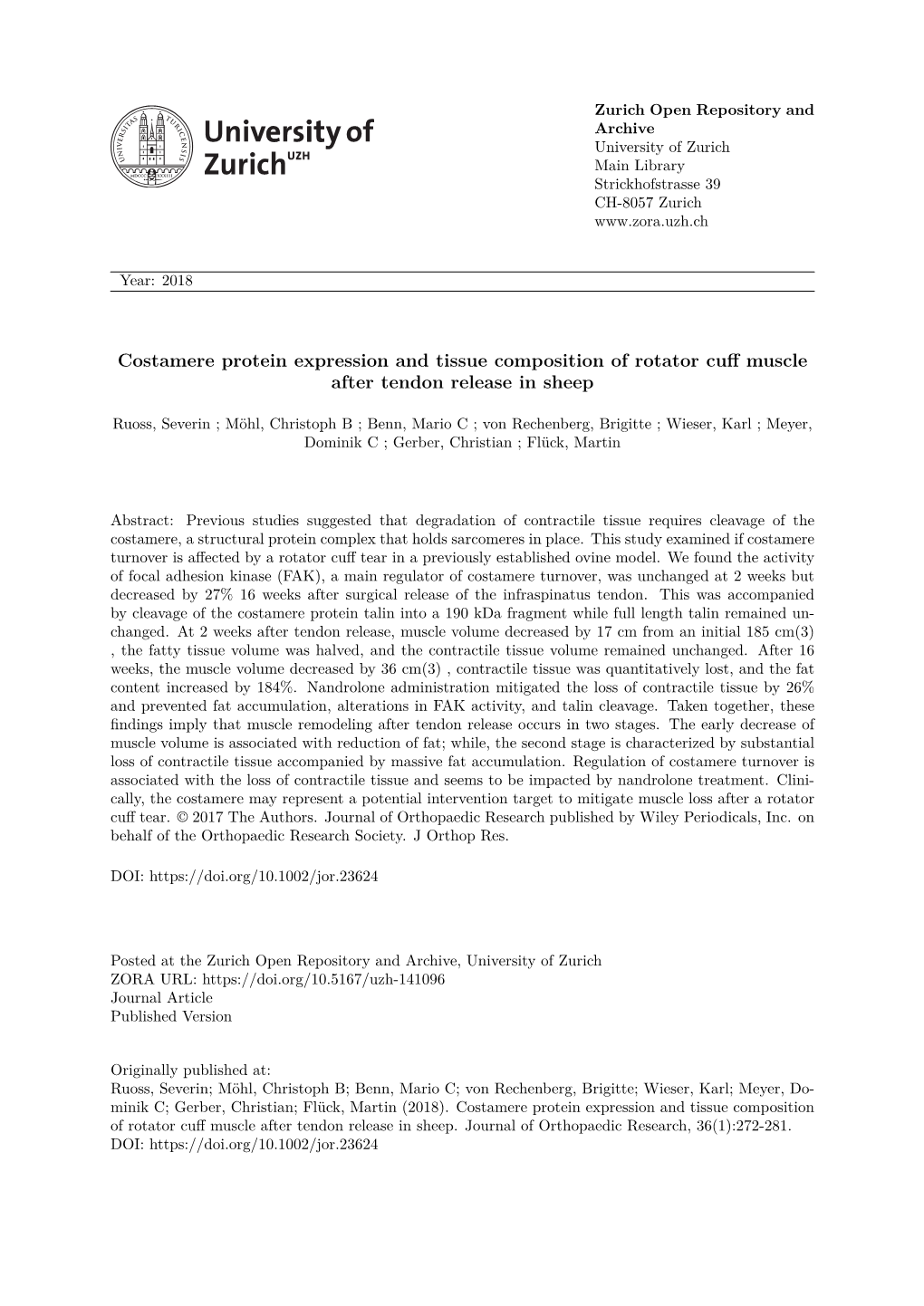 Costamere Protein Expression and Tissue Composition of Rotator Cuff Muscle After Tendon Release in Sheep