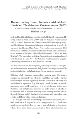 Deconstructing Terror: Interview with Mohsin Hamid on the Reluctant Fundamentalist (2007) Conducted Via Telephone on November 12, 20101 Harleen Singh