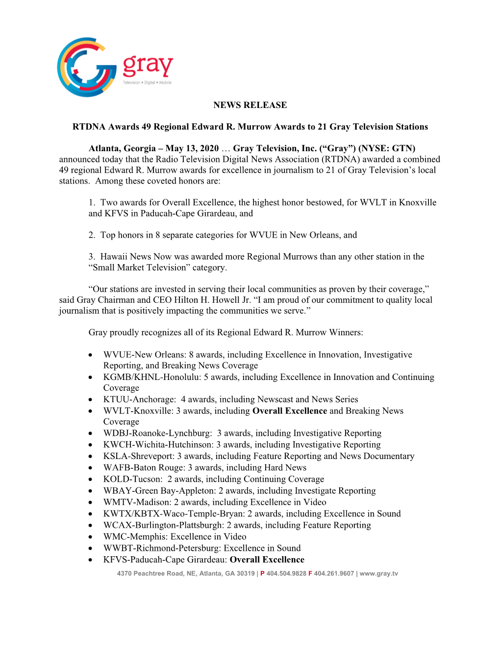 NEWS RELEASE RTDNA Awards 49 Regional Edward R. Murrow