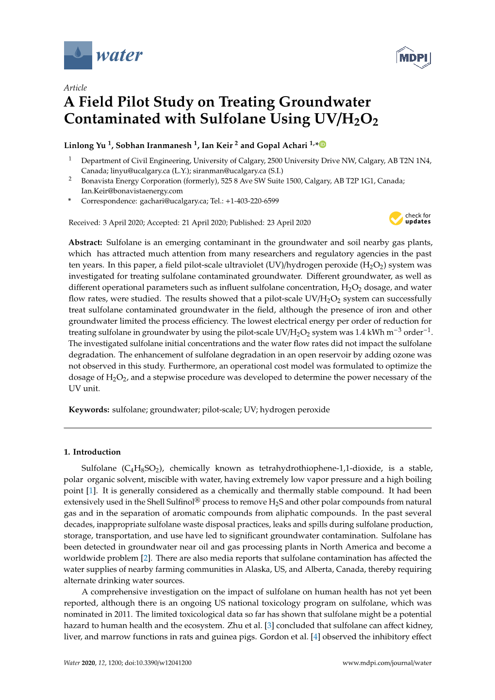 A Field Pilot Study on Treating Groundwater Contaminated with Sulfolane Using UV/H2O2