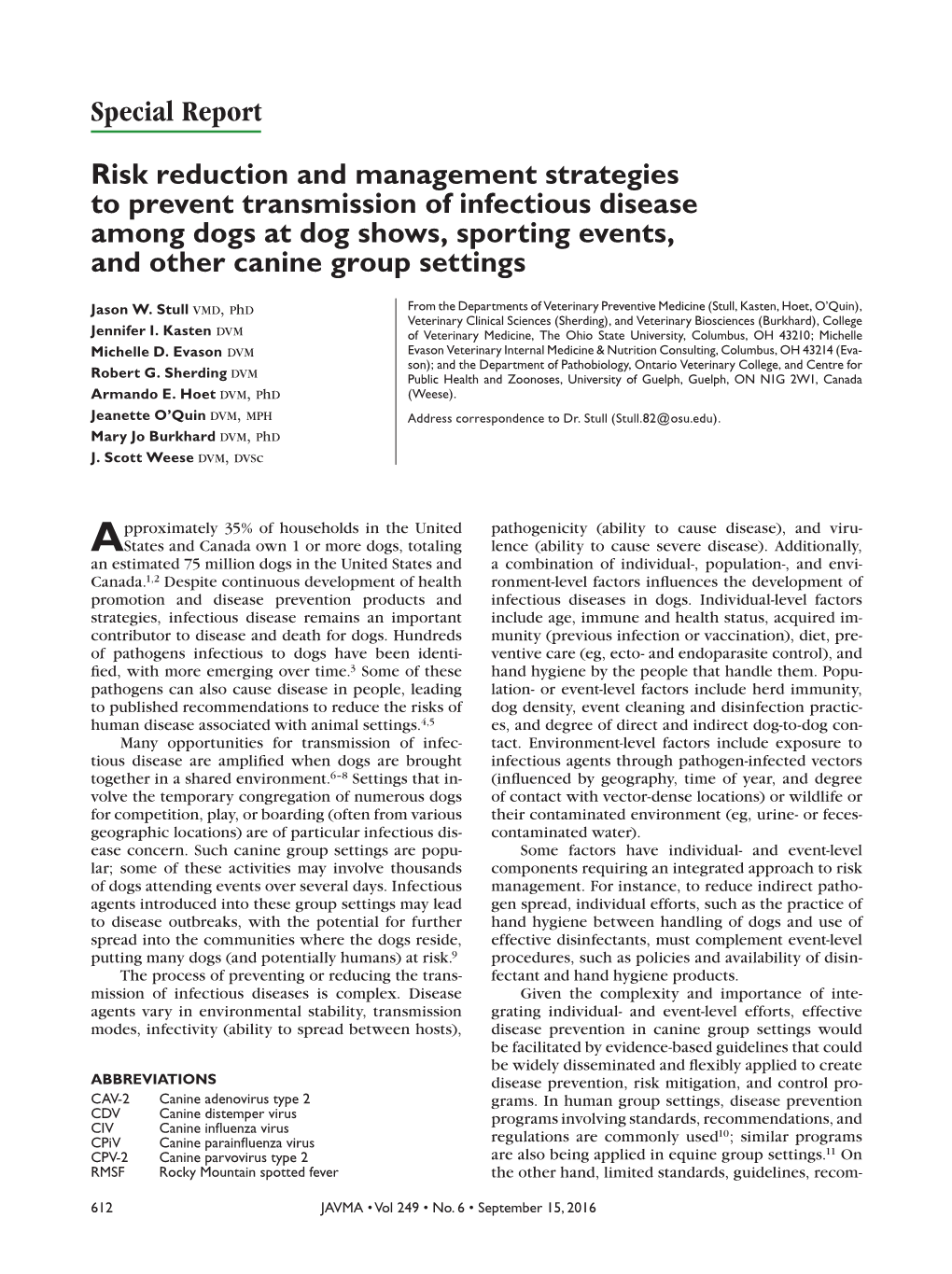 Risk Reduction and Management Strategies to Prevent Transmission of Infectious Disease Among Dogs at Dog Shows, Sporting Events, and Other Canine Group Settings