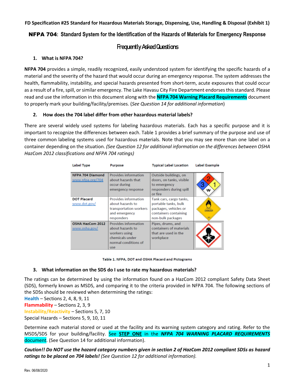 Fd Spec #25 Exhibit 1 Nfpa 704 Frequently Asked Questions