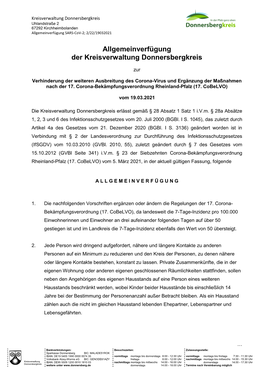 Allgemeinverfügung Der Kreisverwaltung Donnersbergkreis