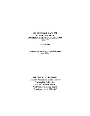 John Crowe Ransom Robert Graves Correspondence Collection 1922-1971